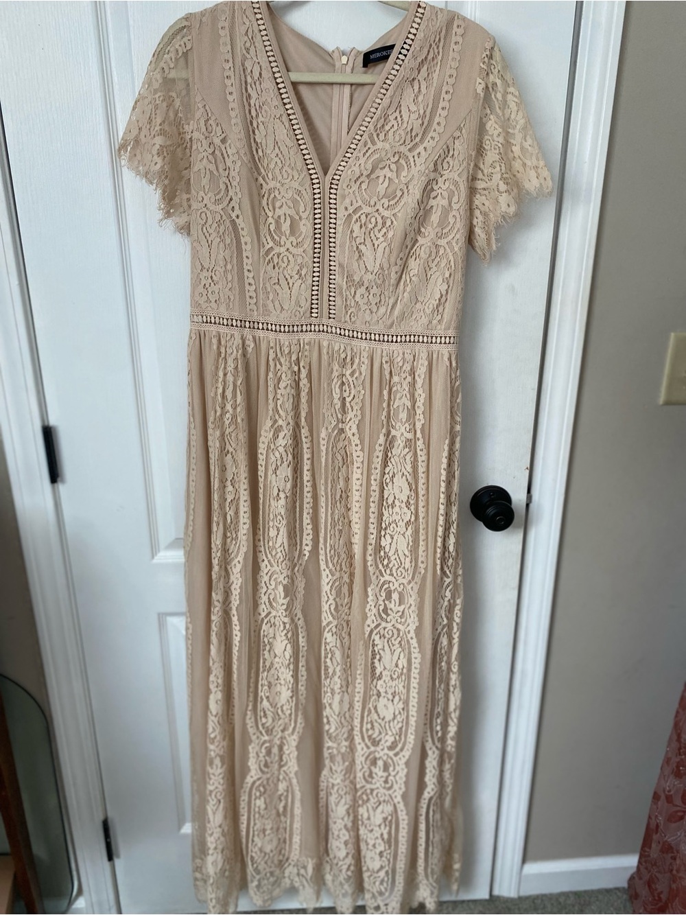 Lace V-Neck Maxi Dress in Beige by Unknown Brand
